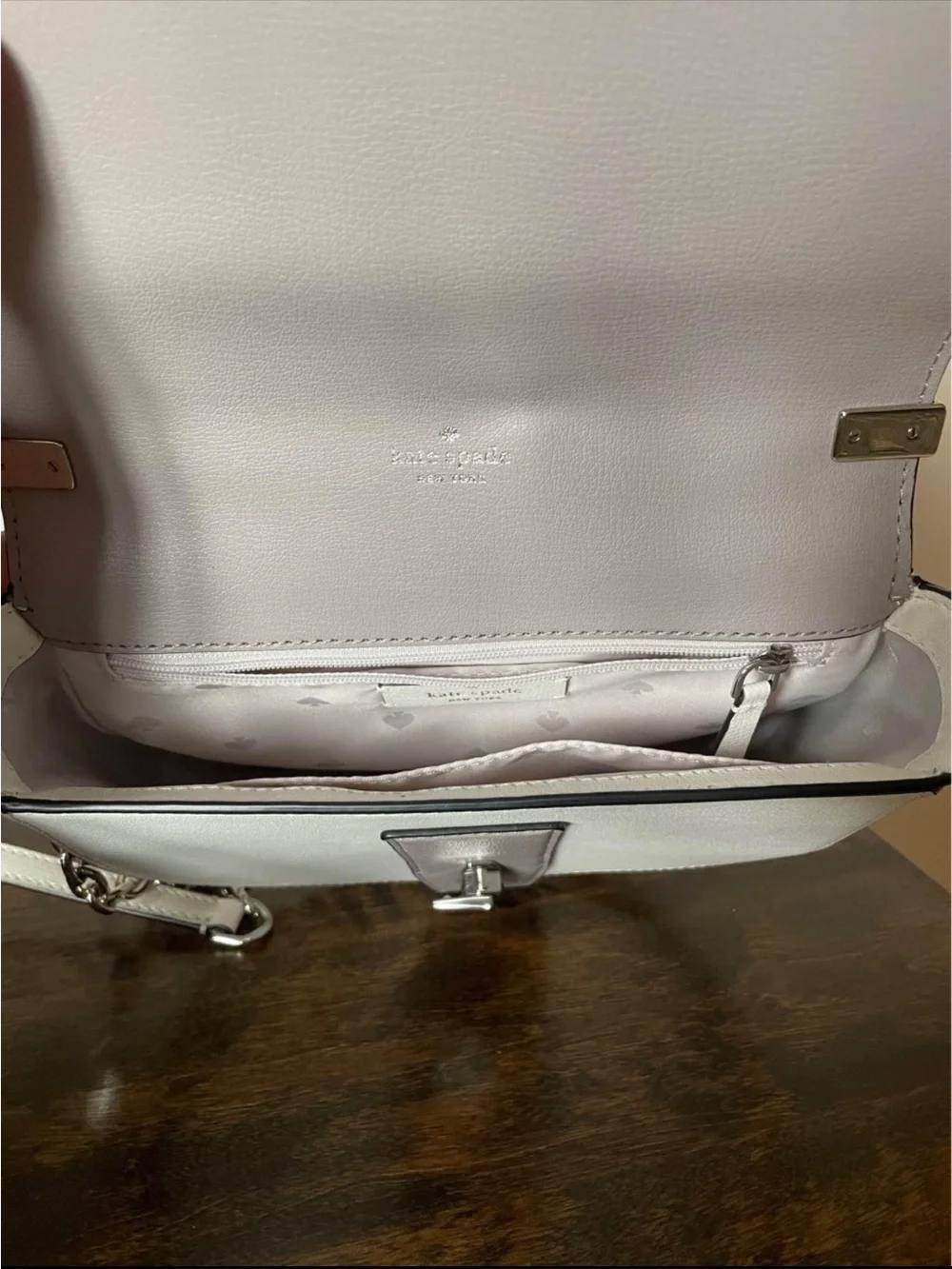 Kate Spade 2-Tone Gray/White Crossbody Chain Saddlebag Purse with Heart Clasp